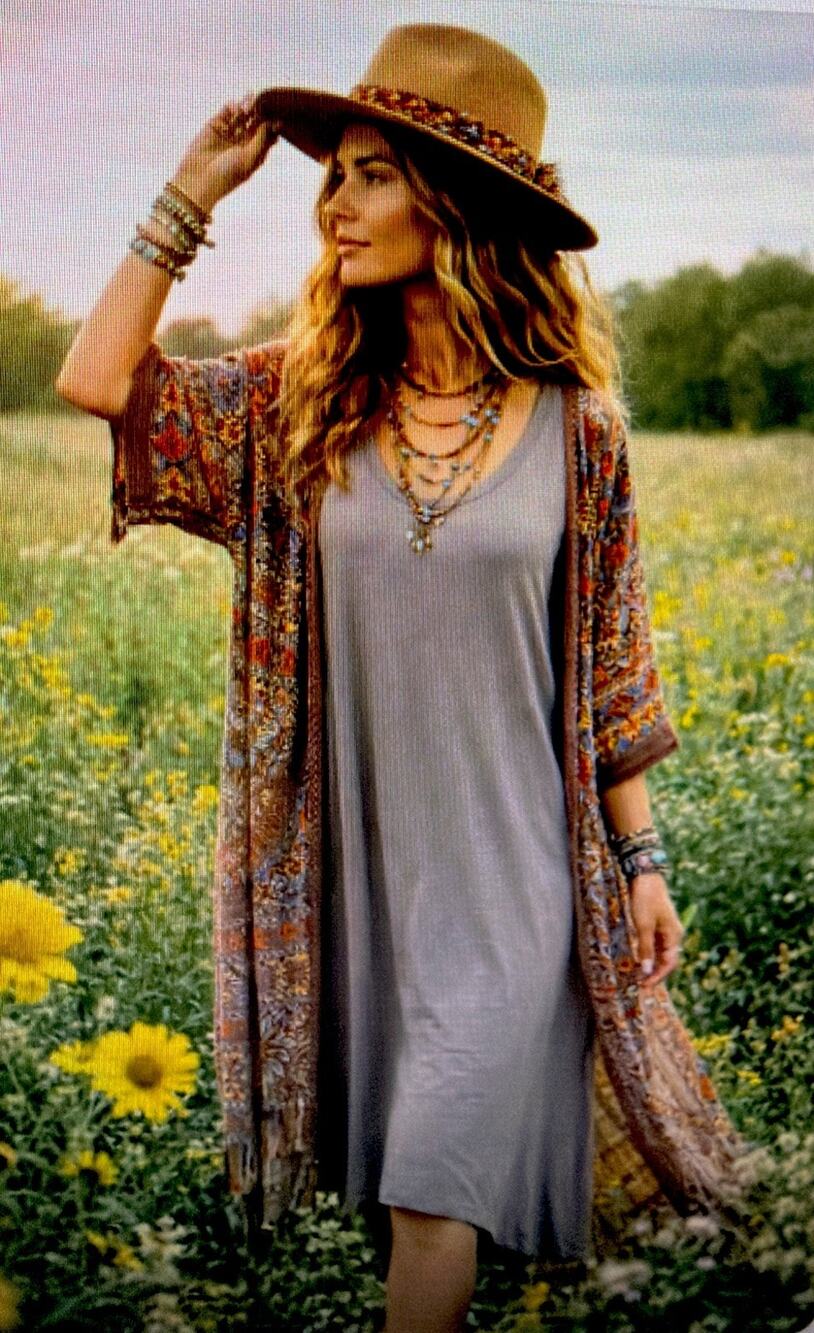 Eileen Fisher Charcoal grey 3/4 Sleeve Scoop Rayon Jersey Dress small bohemian